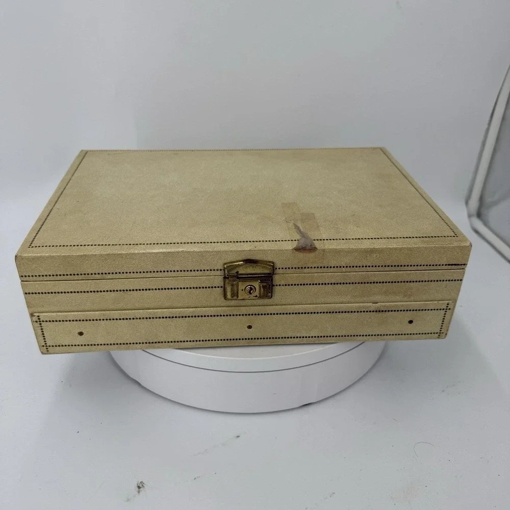 Vintage Mele Jewelry Box 1 Drawer Red Velvet and satin-Faux cream leather w/gold